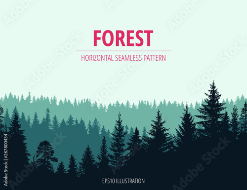 Abstract background. Forest wilderness landscape. Horizontal seamless pattern.  Template for your design works. Hand drawn vector illustration.