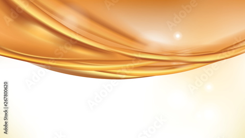 Orange golden flowing liquid vector abstract background. Streams of oil, honey or fluid on light background with white element. Template for cosmetic or sale banner or flyer.