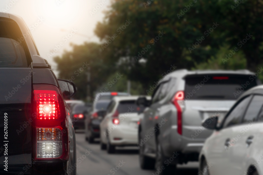 Luxury of white pickup car stop on the asphalt junction by traffic light control in across. Traveling in the provinces during the bright period. Luxury of white pickup car stop on the asphalt junction by traffic light control in across. Traveling in the provinces during the bright period.
