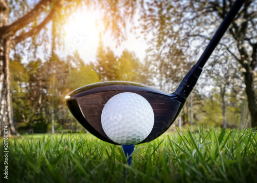 Golf club and ball in grass with sunlight