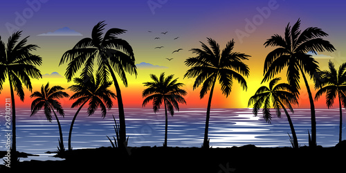 Exotic tropical  landscape with  palms. Palm trees at sunset or moonlight. Seascape. Tourism and travelling. Vector flat design