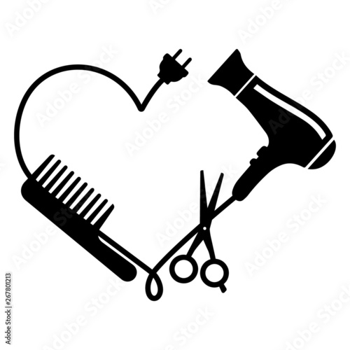 Hairdresser logo vector: comb, hair dryer and scissors 