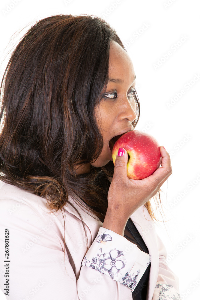 profile american african woman eating apple red on white background profile american african woman eating apple red on white background