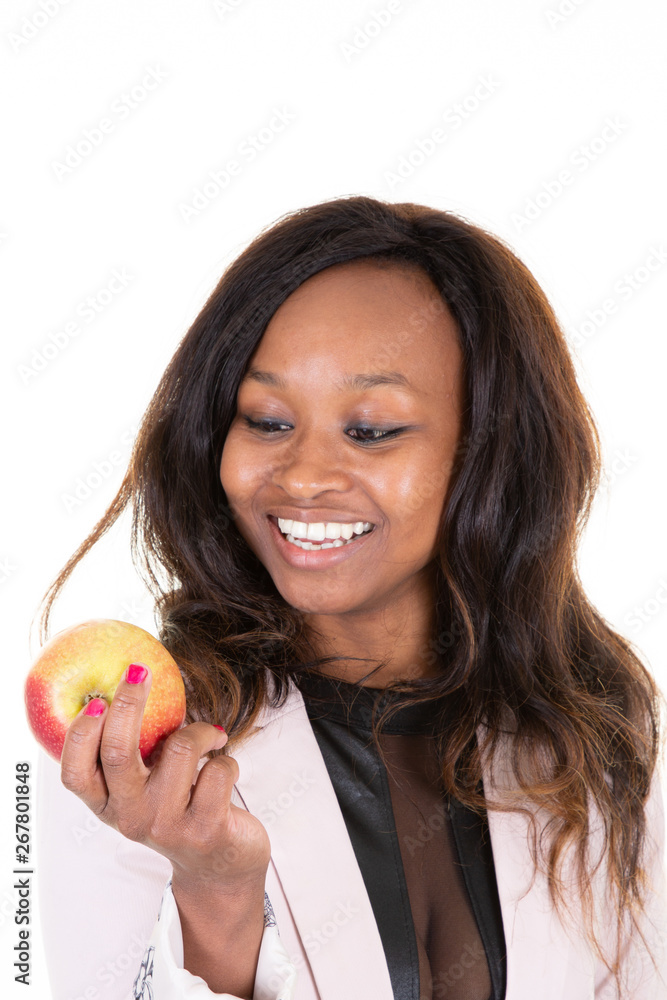 brazilian black woman Holding looking red Apple african american concept brazilian black woman Holding looking red Apple african american concept