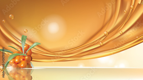 Sea buckthorn vector realistic ads poster. Branch with juicy orange seaberry, olive green leaves, flowing golden oil and flying oil drops on glowing glossy background, magazine mockup, banner ad