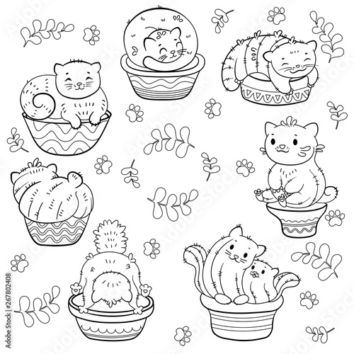 Set of cute hand drawn cactus cats in cartoon style.  Ideal for coloring print