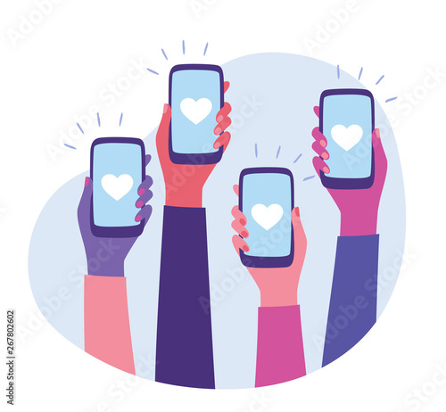 Social Media love Interaction. Social network communication on mobile app. Hands holding smartphone with like button on the screen. Mobile application and modern technology concept. Flat style vector