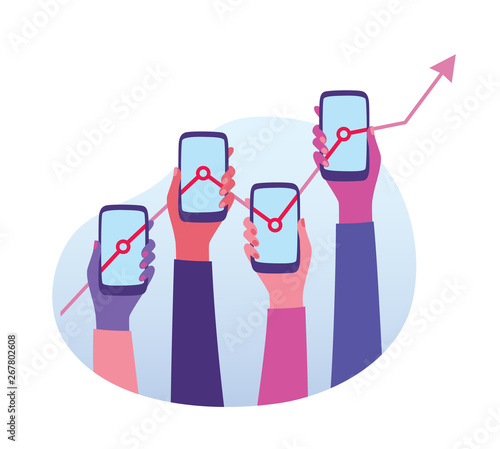 Data Analysis on mobile Application. Female hands holding smartphones with successful business development. Stock market growth. Modern marketing concept. 