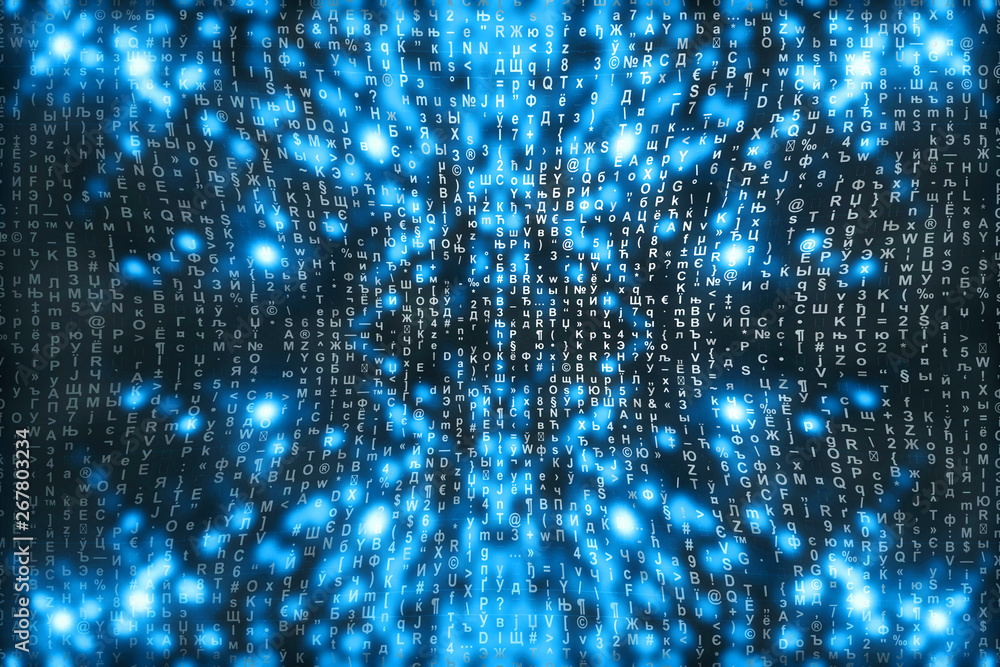 Blue matrix digital background. Abstract cyberspace concept. Characters fall down. Matrix from symbols stream. Virtual reality design. Complex algorithm data hacking. Cyan digital sparks. Blue matrix digital background. Abstract cyberspace concept. Characters fall down. Matrix from symbols stream. Virtual reality design. Complex algorithm data hacking. Cyan digital sparks.