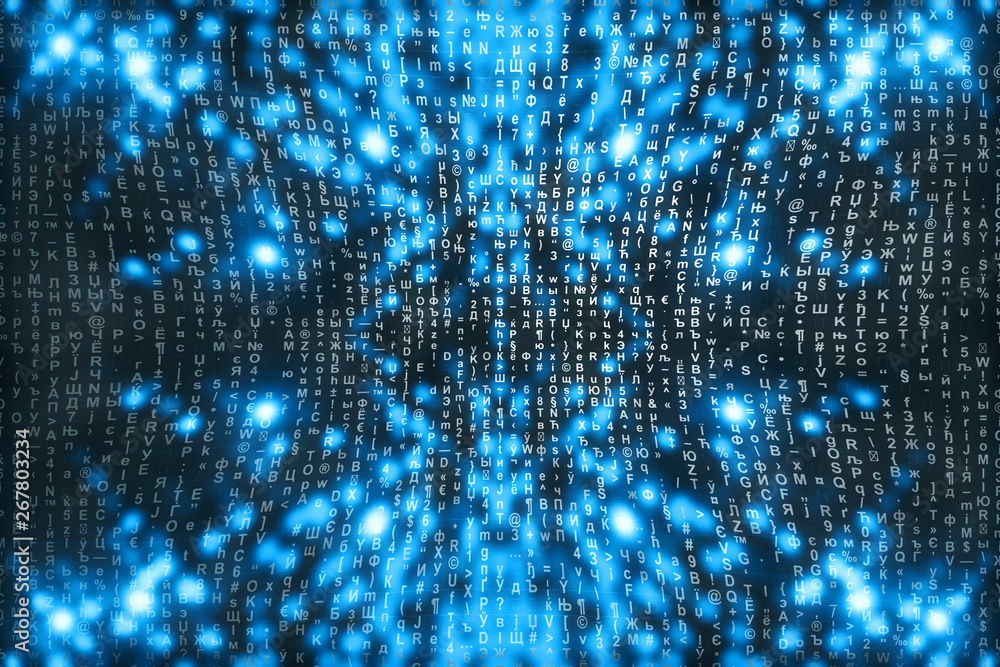 Blue matrix digital background. Abstract cyberspace concept. Characters fall down. Matrix from symbols stream. Virtual reality design. Complex algorithm data hacking. Cyan digital sparks.