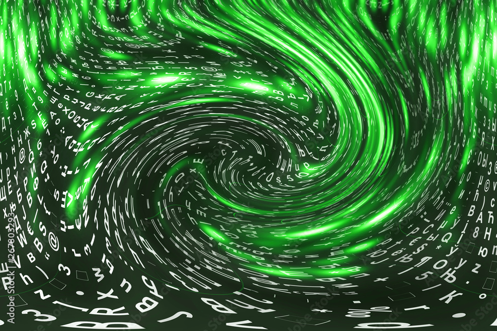 Green matrix digital background. Distorted cyberspace concept. Characters fall down in wormhole. Hacked matrix. Virtual reality design. Complex algorithm data hacking. Green digital sparks. Green matrix digital background. Distorted cyberspace concept. Characters fall down in wormhole. Hacked matrix. Virtual reality design. Complex algorithm data hacking. Green digital sparks.
