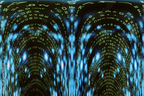 Blue green matrix digital background. Distorted cyberspace concept. Green characters fall down. Matrix from symbols stream. Virtual reality design. Complex algorithm data hacking. Cyan digital sparks.