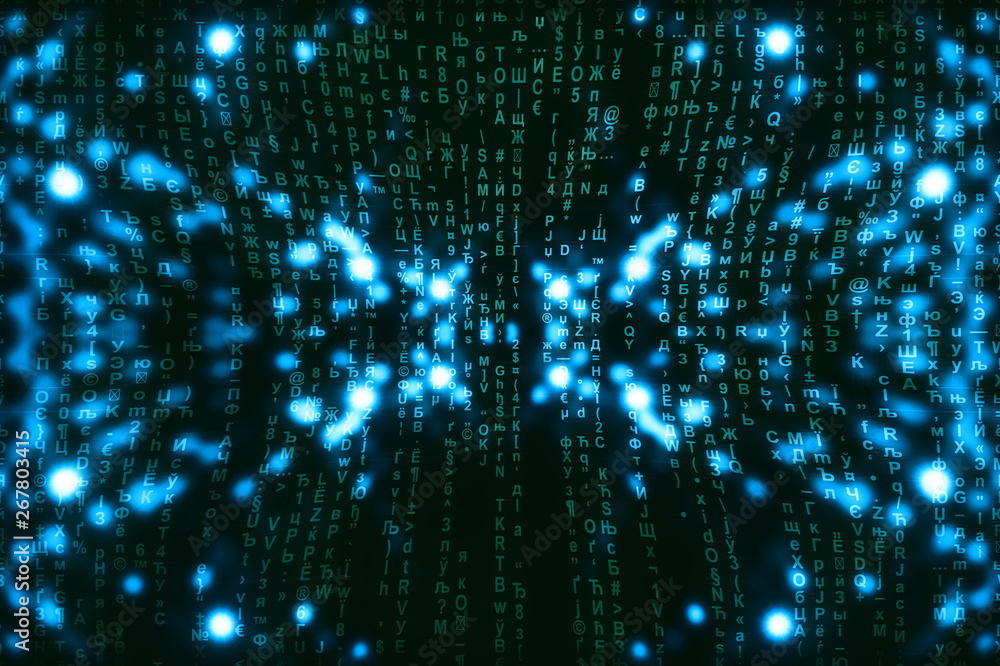 Blue green matrix digital background. Abstract cyberspace concept. Green characters fall down. Matrix from symbols stream. Virtual reality design. Complex algorithm data hacking. Cyan digital sparks. Blue green matrix digital background. Abstract cyberspace concept. Green characters fall down. Matrix from symbols stream. Virtual reality design. Complex algorithm data hacking. Cyan digital sparks.