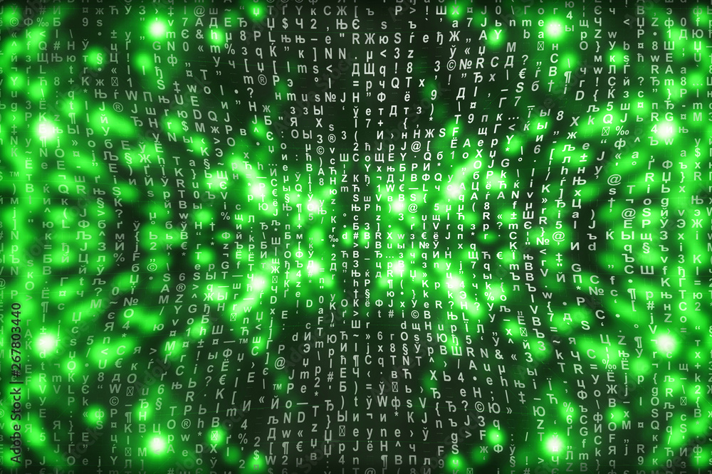 Green matrix digital background. Abstract cyberspace concept. Characters fall down. Matrix from symbols stream. Virtual reality design. Complex algorithm data hacking. Green digital sparks. Green matrix digital background. Abstract cyberspace concept. Characters fall down. Matrix from symbols stream. Virtual reality design. Complex algorithm data hacking. Green digital sparks.