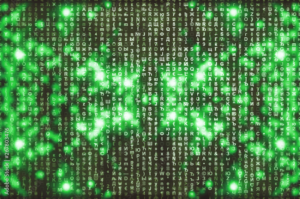 Green matrix digital background. Abstract cyberspace concept. Characters fall down. Matrix from symbols stream. Virtual reality design. Complex algorithm data hacking. Green digital sparks.