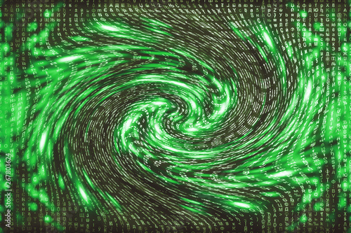 Green matrix digital background. Distorted cyberspace concept. Characters fall down in wormhole. Hacked matrix. Virtual reality design. Complex algorithm data hacking. Green digital sparks.