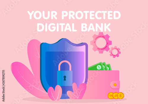 online banking securely protected, the lock and the shield provide reliable protection for monetary transactions, vector image for web sites and landing pages