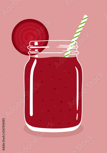 Beetroot juice smoothie in mason jar with slice of fresh ripe raw beetroot and swirled straw isolated on background. Fresh natural healthy detox vegetable drink. Vector hand drawn illustration eps10.