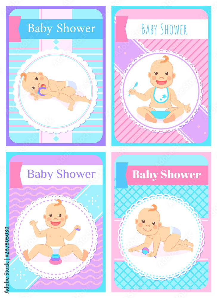Newborn child vector, funny baby playing with toys made of plastic, flat style. Kid eating meal and smiling, character wearing diaper and bib on neck Newborn child vector, funny baby playing with toys made of plastic, flat style. Kid eating meal and smiling, character wearing diaper and bib on neck