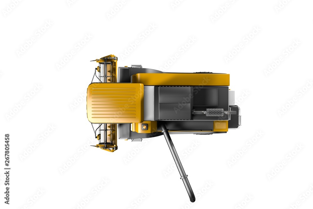 industrial 3D illustration of large cg orange rural agricultural harvester with harvest pipe detached top view isolated on white