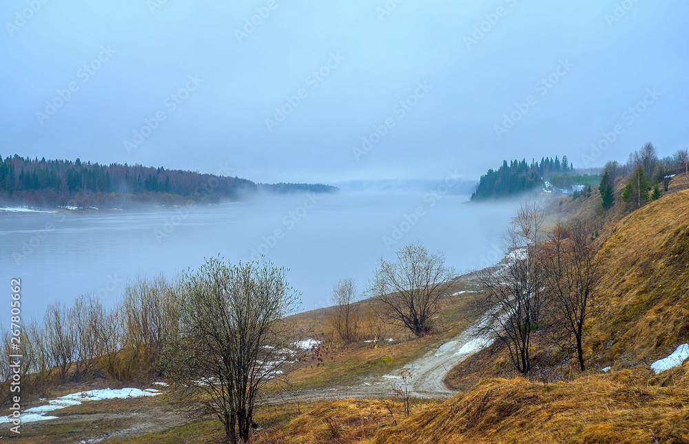 Misty spring morning on the river Misty spring morning on the river
