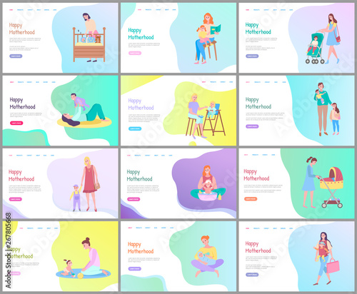 Happy motherhood vector, woman with baby bathing kid, walking with child in perambulator, reading book and looking at infant sleeping in cradle. Website or webpage template, landing page flat style