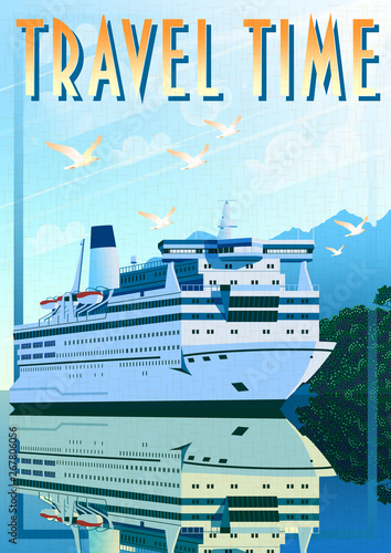 Art Deco ship vector illustration. Passenger liner in ocean.