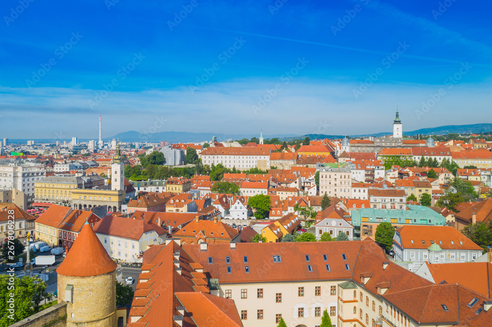 Croatia, panoramic view on Upper town in Zagreb, red roofs and palaces of old baroque center