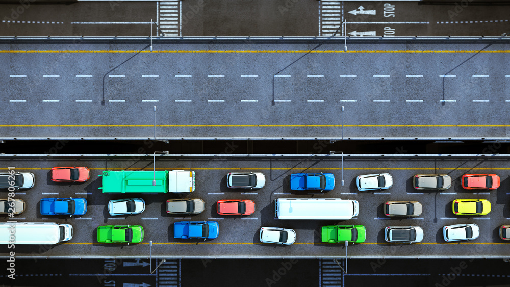 Cars on highway in traffic jam 3d render from top