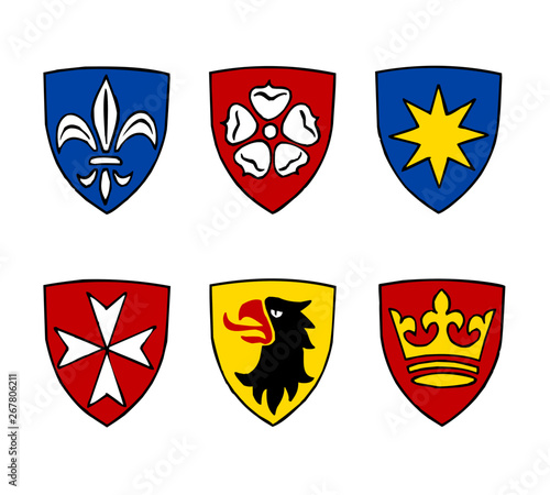 coat of arms with heraldic symbols, rose, cross, lily, star, crown and eagle, color icon set