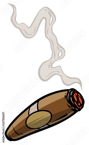 Cartoon lit cigar with smoke. Isolated on white background. Vector icon. photo
