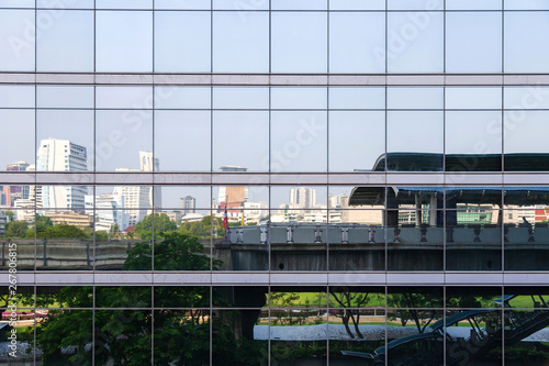 Reflection picture from many mirror on the building see skytrain station