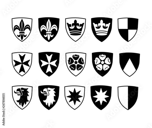emblems with heraldic symbols, rose, cross, lily, star, crown and eagle, black and white icon set