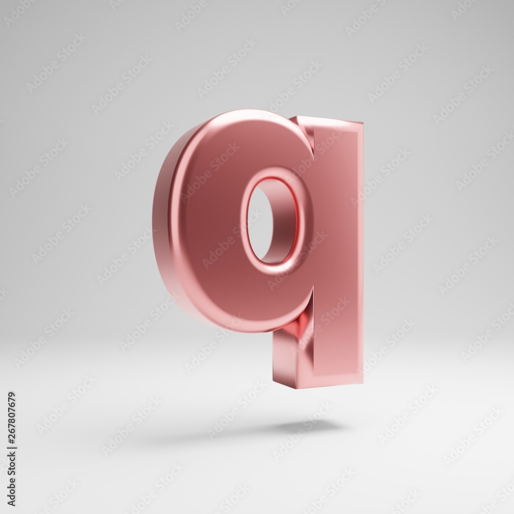 Volumetric glossy Rose Gold lowercase letter Q isolated on white background. Volumetric glossy Rose Gold lowercase letter Q isolated on white background.