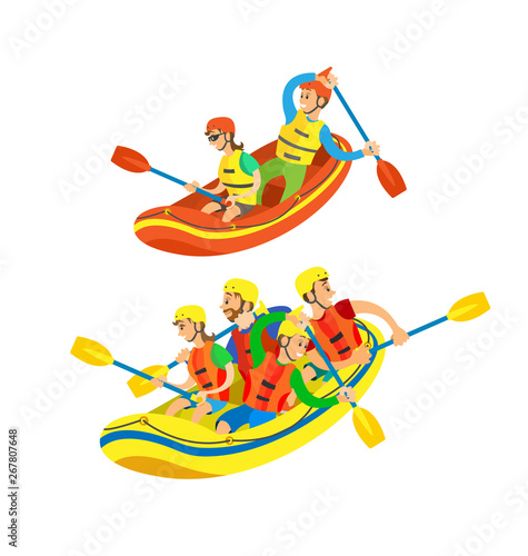 People sitting in boat vector, isolated teams competing in water sports extreme hobbies rafting and canoeing male and female set, sportswoman and sportsman