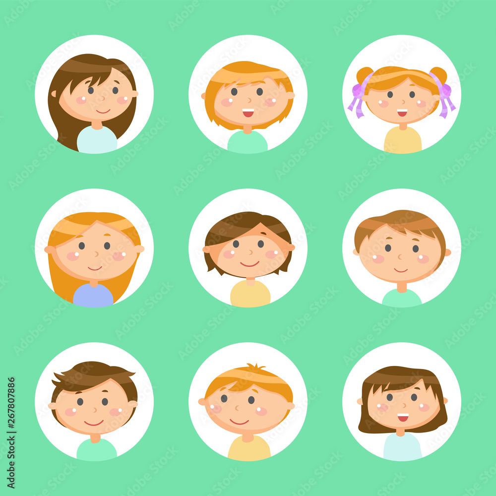 Children showing emotion vector, schoolboy and schoolgirl in circled frames. People with smile on face, kids boys and girls set isolated on green Children showing emotion vector, schoolboy and schoolgirl in circled frames. People with smile on face, kids boys and girls set isolated on green