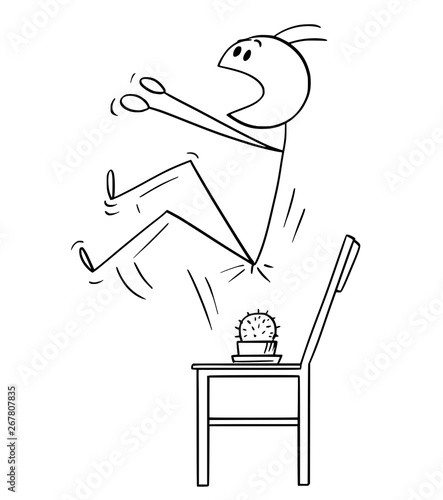 Vector cartoon stick figure drawing conceptual illustration of man who spring up when sit down on the cactus placed on the chair.
