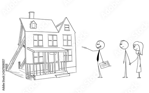 Vector cartoon stick figure drawing conceptual illustration of businessman or real estate broker or agent or realtor offering fake mock-up family house to young couple. Concept of fraud or housing