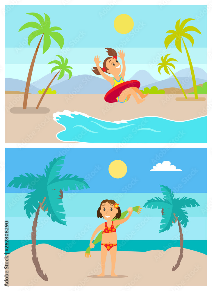 Children at beach vector, seaside activities and summertime happiness of kids. Girl by coast in lifebuoy jumping in sea water, kiddo with towel wiping