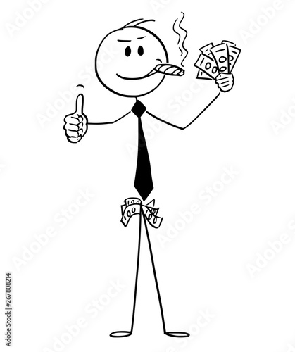 Vector cartoon stick figure drawing conceptual illustration of confident man or businessman smoking big cigar in mouth, with cash money in hand and pockets,smiling and showing thumbs-up.