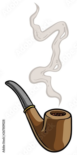 Cartoon tobacco pipe with smoke. Isolated on white background. Vector icon.