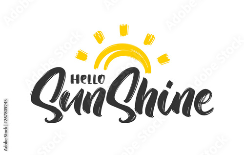 Handwritten type lettering composition of Hello Sunshine with hand drawn sun photo