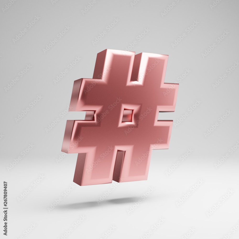 Obraz premium Volumetric glossy Rose Gold hashtag symbol isolated on white background.