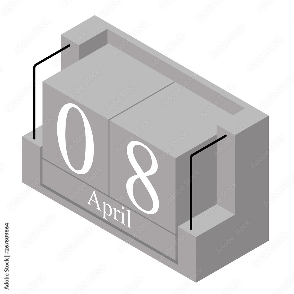 April 8th date on a single day calendar. Gray wood block calendar present date 8 and month April isolated on white background. Holiday. Season. Vector isometric illustration April 8th date on a single day calendar. Gray wood block calendar present date 8 and month April isolated on white background. Holiday. Season. Vector isometric illustration
