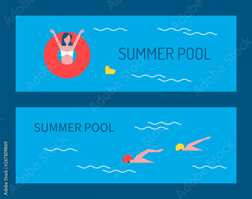 Summer pool posters and text. Woman in lifeline saving ring in water people professional experts in sport training together. Swimming person vector