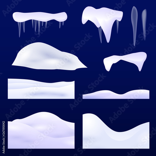 Blocks of ice set. Ice masses and caps on dark blue background. Can be used for topics like winter, North Pole, frost