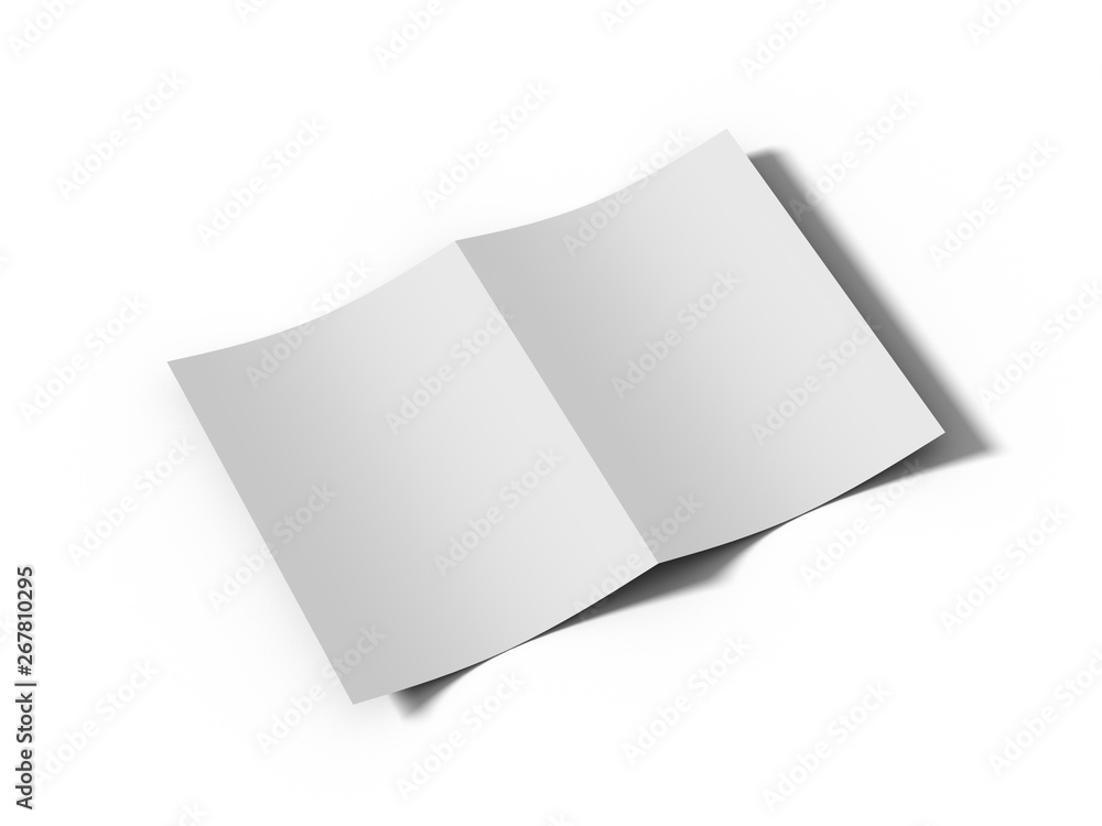 White vertical booklet mockap brochure magazine A4 divided into two parts isolated. 3D rendering. White vertical booklet mockap brochure magazine A4 divided into two parts isolated. 3D rendering.