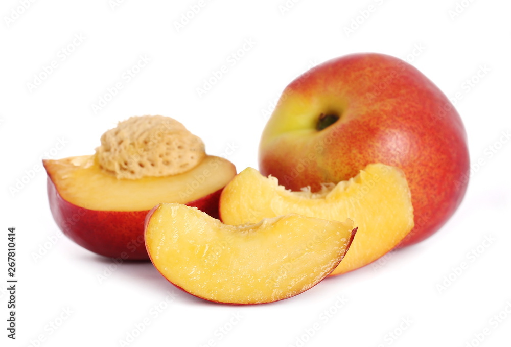 Fresh ripe peach fruit slice isolated on white background