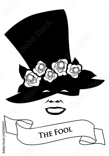 Tarot Card Concept. The Fool. Joker. Hat with flower and banner text. Isolated on white background