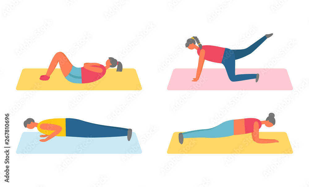 Obraz premium Young man and woman performing exercises on mat, side view of people in sportswear, flat design of human exercising isolated on white, pumping vector